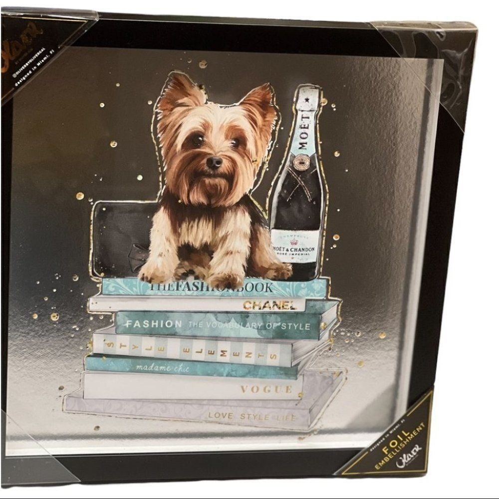 Designer Yorkie Shadow Box Wall Art Dog Book Stack Champagne Vogue Fashion Sleek